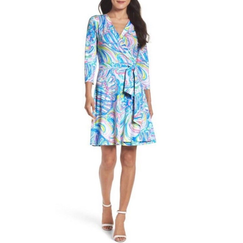 Lilly Pulitzer Emilia Wrap Dress Guilty Pleasure Print Blue Pink Purple White XS